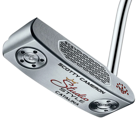 A close-up of the Scotty Cameron 2025 Studio Style Catalina Putter, featuring a classic blade design, metallic finish, precision-milled face, and engraved Scotty Cameron branding with red and black lettering.