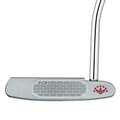 A close-up of a Scotty Cameron 2025 Studio Style Catalina Putter reveals a classic blade design with a textured face, curved metal shaft, red accents, and crown-like logo on the head, reflecting Scotty Cameron’s refined style.
