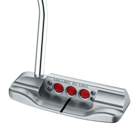 The Scotty Cameron 2025 Studio Style Catalina Putter features a silver finish, three red circular inlays, and MILLED IN USA engraved above them, highlighting Scotty Camerons precision-milled stainless steel craftsmanship.
