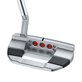 A close-up of the Scotty Cameron 2025 Studio Style Fastback 1.5 Putter head, featuring three red circular inserts and a milled stainless steel face, is shown on a white background.