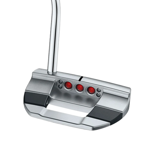 The Scotty Cameron 2025 Studio Style Fastback Long Design Putter features a silver metallic finish, three red circular accents on the back.
