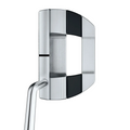 A close-up of the Scotty Cameron 2025 Studio Style Fastback Long Design Putter highlights its silver and black finish, modern metallic look, and geometric accents, photographed on a white background.