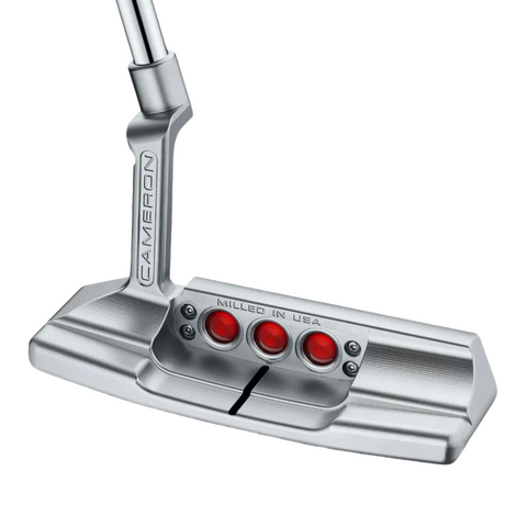 The Scotty Cameron 2025 Studio Style Newport 2 Plus Putter features CAMERON engraved on the neck, three red circular accents on the back, and MILLED IN USA etched above them for a precision-milled finish.