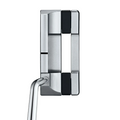 A top-down view of the Scotty Cameron 2025 Studio Style Squareback Putter shows a silver and black design with a rectangular alignment aid, precision-milled details, and a chrome shaft attached at the heel.