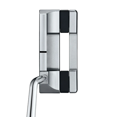 A top-down view of the Scotty Cameron 2025 Studio Style Squareback Putter shows a silver and black design with a rectangular alignment aid, precision-milled details, and a chrome shaft attached at the heel.