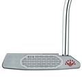 A close-up of the Scotty Cameron 2025 Studio Style Squareback Putter head, showing its honeycomb-patterned face, engraved SCS, and red paw print-and-crown logo—precision milled for performance.