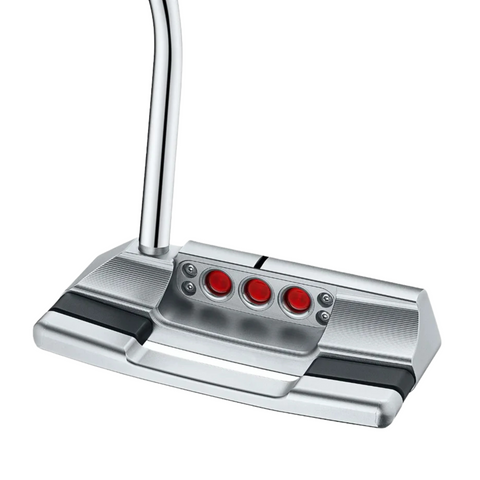A close-up of the Scotty Cameron 2025 Studio Style Squareback Putter head shows three red circular inserts, a black alignment line, a precision-milled metallic finish, and a bent shaft.