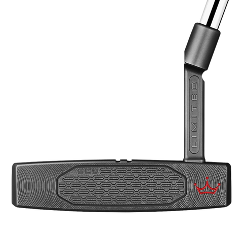 A close-up of the Scotty Cameron 2025 Studio Xperimental Fastback 2 Putter | Limited Edition head shows its textured face, "LIMITED" engraving on the neck, and a red crown logo—capturing this tour-inspired putter from Scotty Cameron.