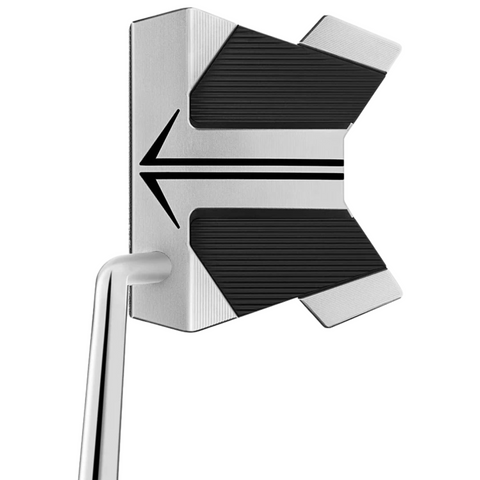 A close-up of a Scotty Cameron Long Design Phantom 11 Putter head shows its silver finish, black textured details, and a bold black alignment arrow atop this high-MOI mallet from Scotty Cameron.