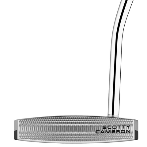 Close-up of a Scotty Cameron Long Design Phantom 11 Putter head, featuring a silver finish, textured face, and the Scotty Cameron brand name engraved in black on the lower right corner with shaft attached at the upper right.