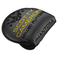 A black leather headcover with yellow Scotty Cameron Milled Putters embroidery, black Phantom text, and crown logo, made to fit the Scotty Cameron Long Design Phantom 11 Putter.
