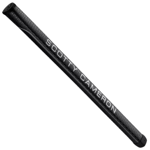 A black Scotty Cameron grip with a textured pattern and bold white SCOTTY CAMERON lettering, perfect for your high-MOI mallet or the Scotty Cameron Long Design Phantom 11 Putter.