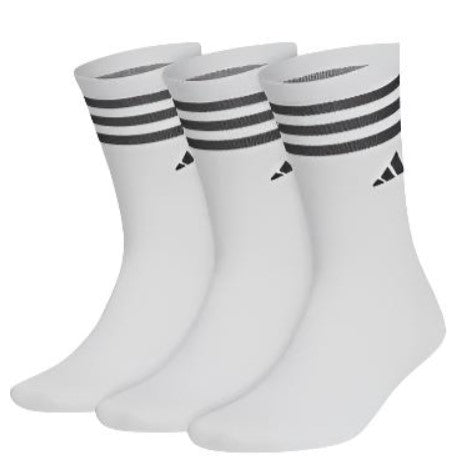 Side angle of Adidas 3-pack golf crew socks in white with black stripes at the top and Adidas logo below the 3 stripes.