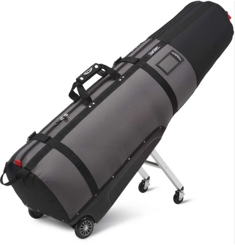 The Sun Mountain ClubGlider Journey Travel Cover is a large, gray and black golf travel bag with wheels, handles, and extendable legs, ideal for transporting golf clubs and equipment.