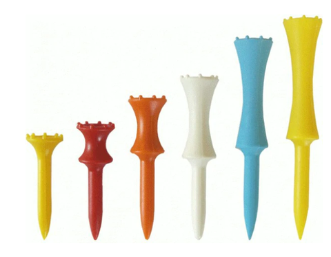 Six Select Height Tees by Select Height, made of plastic in red, orange, white, blue, and yellow, are arranged from shortest to tallest—ideal for golfers who prefer fixed height tees.