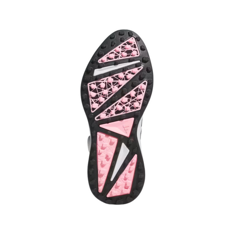 Bottom view of Adidas Solarmotion BOA 2024 spikeless women's golf shoes. The sole features black traction patterns with pink geometric sections for added grip. Designed for stability and comfort during play, the intricate pattern enhances ground contact and durability.