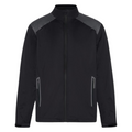 The Sporte Leisure Extreme Tec Storm Chaser Mens Rain Jacket, in black with dark gray shoulder panels and two zippered side pockets, keeps you dry and comfortable on or off the golf course. Shown on a white background.