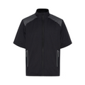 The Sporte Leisure Extreme Tec Storm Chaser Men’s Short Sleeve Jacket is a lightweight black jacket with a front zipper, gray shoulder panels, two side zip pockets, high collar, and modern design—ideal for golf.