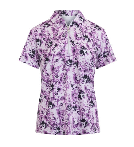 Sporte Leisure Island Bloom women's golf polo hibiscus print and silver zip detail