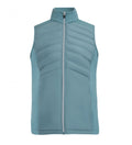 Light blue padded golf vest with full front zipper and quilted upper panel design, shown from the front.