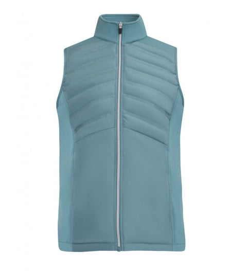 Light blue padded golf vest with full front zipper and quilted upper panel design, shown from the front.