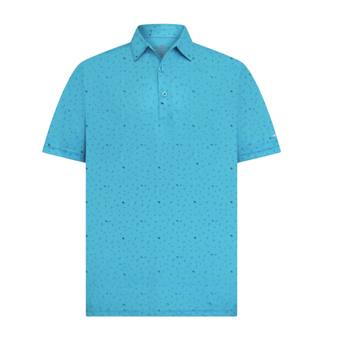 The Sporte Leisure Men’s Dri-Sporte Cove Polo in Capri Blue features a subtle dark blue abstract pattern, classic collar, and three-button placket. Moisture-wicking fabric keeps you cool and stylish, shown on a white background.
