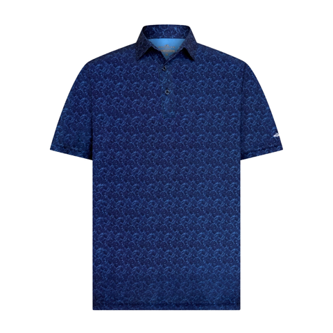 The Sporte Leisure Men’s Dri-Sporte Drift Polo in French Navy is a men's performance short-sleeve button-up with a classic collar, subtle abstract print, and moisture-wicking fabric for all-day comfort.
