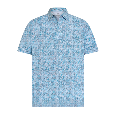 The Sporte Leisure Men’s Dri-Sporte Reef Polo in Multi Blue features a short-sleeve design with a blue and white abstract pattern, crafted from performance fabric and shown on a white background.