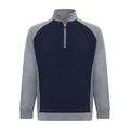 The Sporte Leisure Men’s Legend Long Sleeve Pullover features a navy body with light gray sleeves, collar, and hem. This lightweight golf pullover offers a front half-zip closure and high collar for added comfort.