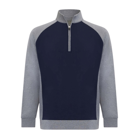 The Sporte Leisure Men’s Legend Long Sleeve Pullover features a navy body with light gray sleeves, collar, and hem. This lightweight golf pullover offers a front half-zip closure and high collar for added comfort.