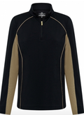 The Sporte Leisure Night Ladies 1/4 Zip Pullover is a black, long-sleeve golf top with gold zipper and herringbone sleeve panels. Featuring moisture-wicking fabric, this stylish pullover delivers on-course or off-course performance.