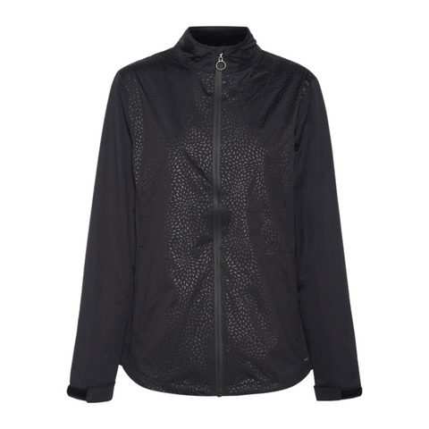 The Sporte Leisure Extreme Tec Embossed Women’s Rain Jacket, in black with subtle front texture, high collar, adjustable cuffs, and a zip-up design, is shown on a white background.