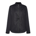 The Sporte Leisure Storm Chaser Women’s Rain Jacket in black features long sleeves, a full front zipper, subtle textured pattern, stand-up collar, and adjustable cuffs—ideal golf rainwear—shown on a plain white background.