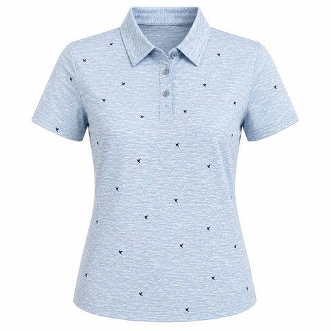 Sporte Leisure women's Blue Bell golf polo with fine streak print and navy bird motifs, front view