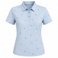 Sporte Leisure women's Blue Bell golf polo with fine streak print and navy bird motifs, front view