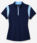 Sporte Leisure women's navy short-sleeve zip golf polo with broad pale-blue contrast panels along the sleeve joins, front view