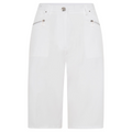 The Sporte Leisure Womens Core Short features a clean, tailored white design with knee-length cut, two front zipper pockets with silver pull tabs, front button and zipper closure, and belt loops—perfect for active days.