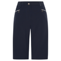 The Sporte Leisure Womens Core Short by Sporte Leisure are navy blue, knee-length golf shorts featuring a front button and zipper closure plus two angled zippered pockets with silver hardware for lightweight performance.