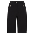The Sporte Leisure Womens Core Short by Sporte Leisure are black, knee-length performance shorts with a button and zip closure, two front zippered pockets, belt loops at the waistband, shown on a white background.