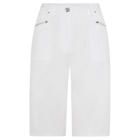 The Sporte Leisure Womens Core Short features a clean, tailored white design with knee-length cut, two front zipper pockets with silver pull tabs, front button and zipper closure, and belt loops—perfect for active days.