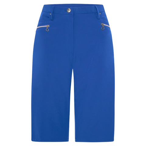 The Sporte Leisure Womens Core Short by Sporte Leisure features a bright blue color, front zipper and button closure, plus two diagonal zippered pockets with round pulls—perfect lightweight shorts for active days.