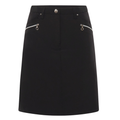 The Sporte Leisure Women’s Core Skort is a black, lightweight skort with two silver front zip pockets and a silver waistband button—ideal for sporte leisure style and perfect as a women’s golf skort.