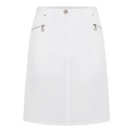 The Sporte Leisure Women’s Core Skort is a white, knee-length skort with front zipper pockets and a button waistband, offering a lightweight, tailored look with subtle seams—ideal for sport or leisure.