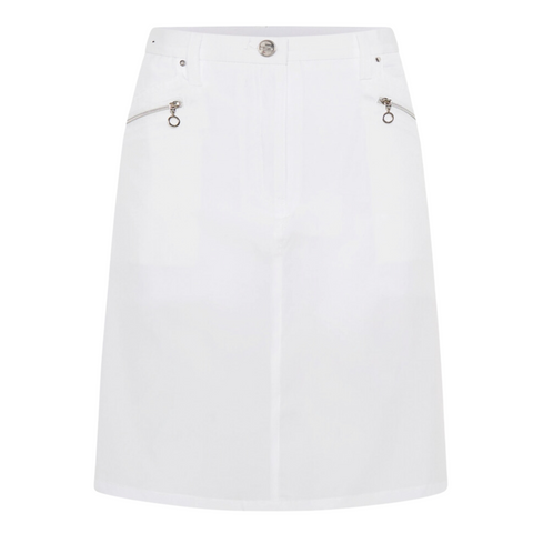 The Sporte Leisure Women’s Core Skort is a white, knee-length skort with front zipper pockets and a button waistband, offering a lightweight, tailored look with subtle seams—ideal for sport or leisure.