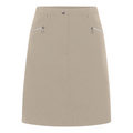 The Sporte Leisure Women’s Core Skort in beige features two silver zippered front pockets and a button closure at the waistband, displayed against a white background.