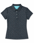 Sporte Leisure women's golf polo in navy with white, pale blue and aqua dash print, front view