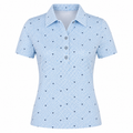 Sporte Leisure women's White and Blue golf polo with geometric print and navy bird motifs, front view