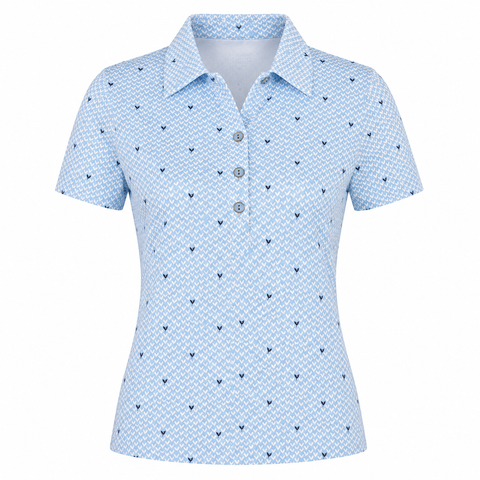 Sporte Leisure women's White and Blue golf polo with geometric print and navy bird motifs, front view