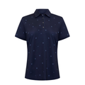 The Greg Norman Sporte Leisure Women’s Pearlet Polo in French Navy features a collar, button placket, moisture-wicking fabric, and an all-over subtle small circular dot pattern.
