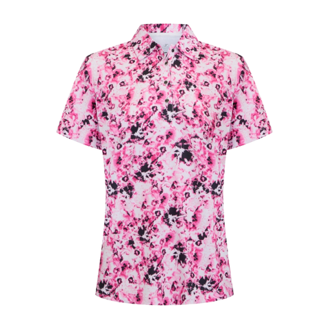 The Greg Norman Sporte Leisure Women’s Tidal Bloom Polo | Pink features short sleeves and a vibrant pink, black, and white abstract pattern in performance fabric, shown on a plain white background.